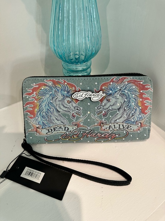 Ed Hardy Handbags - Ed Hardy Denim Horse Dead or Alive Zip Wallet with Wrist Strap